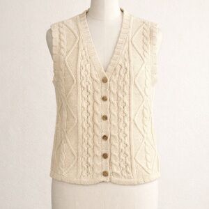Vintage Sears Cable Knit Vest Cream Cotton Button Front Size 18